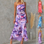 Flowers Print One-shoulder Dress Summer INS Casual Suspender Long Dresses Womens Clothing-HighTouch