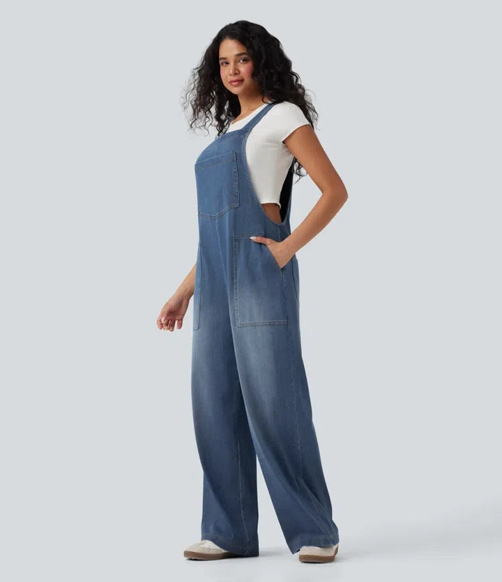 Denim Overalls Women Square Neck Washed Wide Leg Jumpsuit