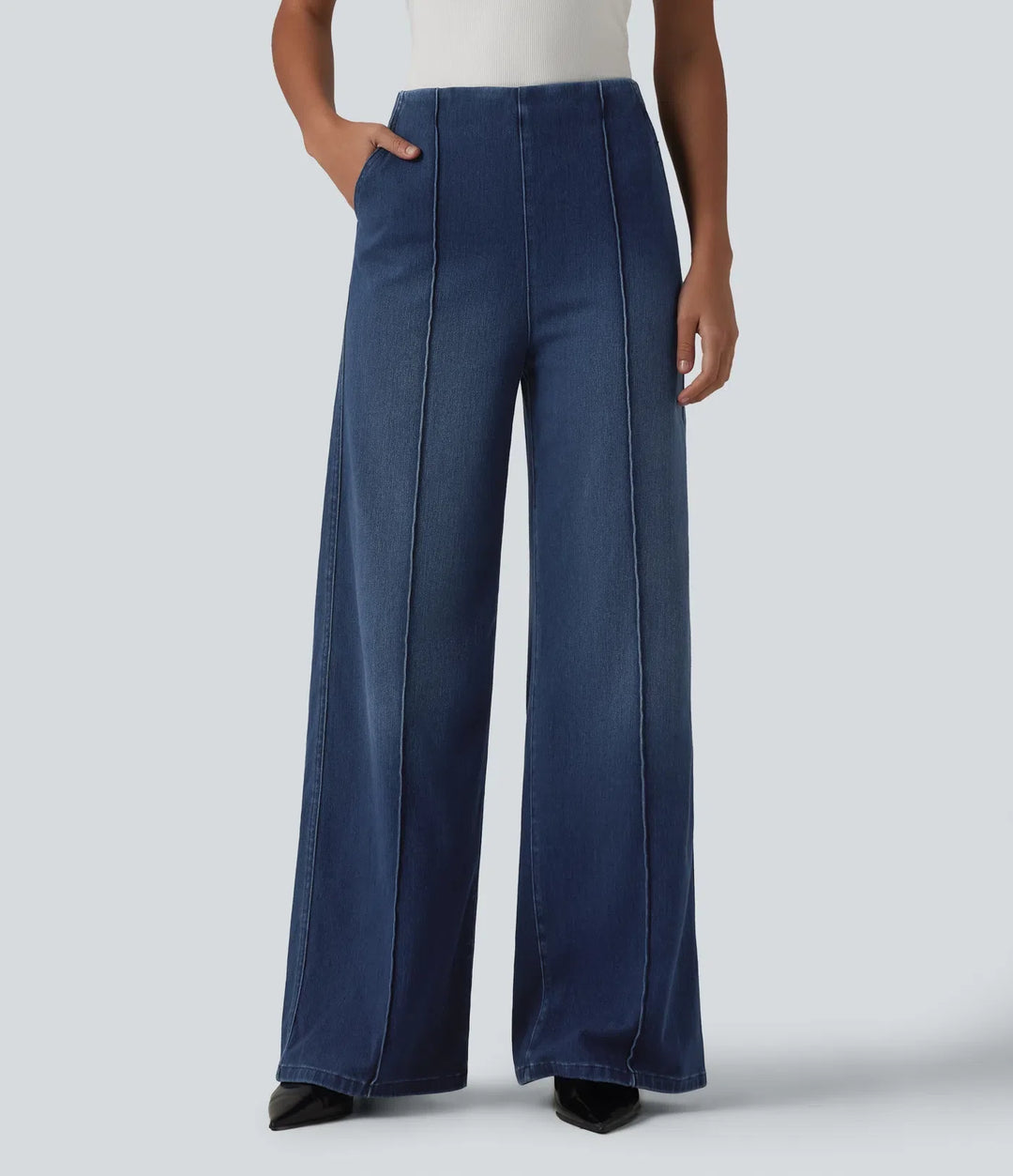 Wide Leg Work Jeans Women High Waisted Dark Denim Pockets