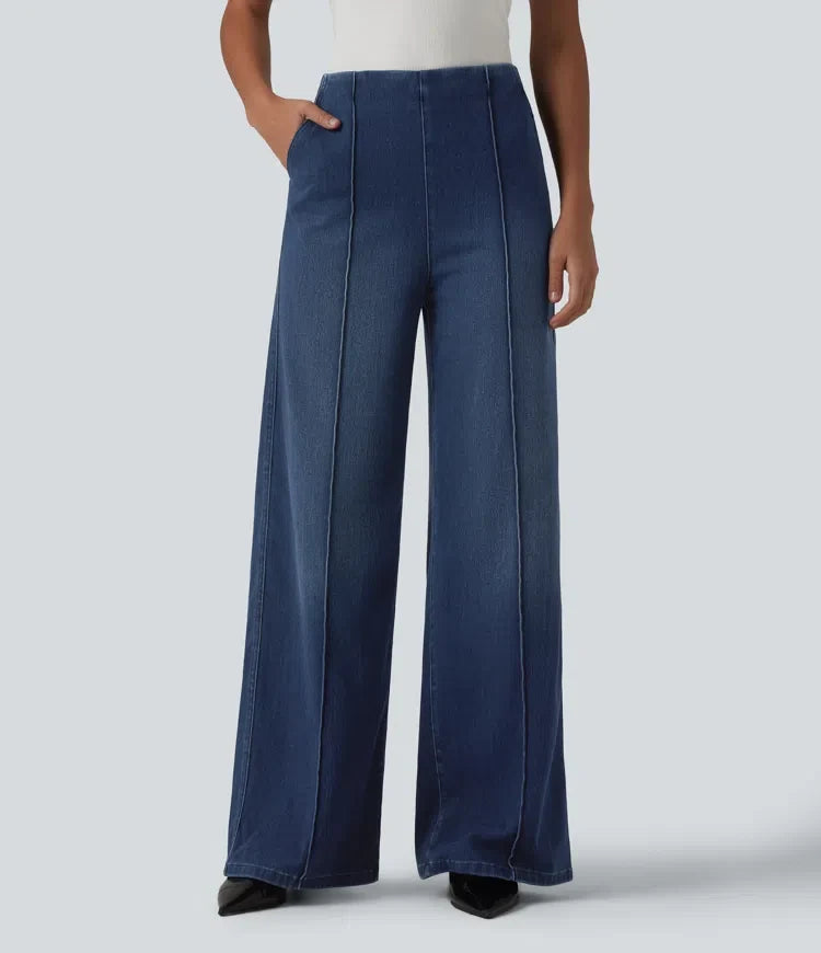 Wide Leg Work Jeans Women High Waisted Dark Denim Pockets