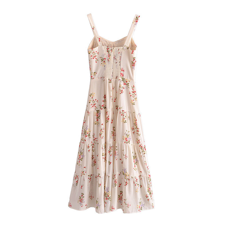 Women's French Style Vintage Small Floral Printed High Waist Slim Fit Slimming Suspenders Dress-HighTouch