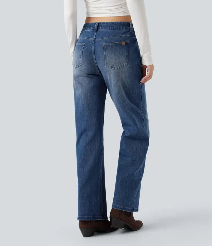 Straight Leg Jeans Women Low Rise Asymmetric Stretch Denim