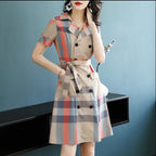 Women's Checked Pencil Skirt Suit – Double-Breasted Cotton & Mulberry Silk Blend-HighTouch