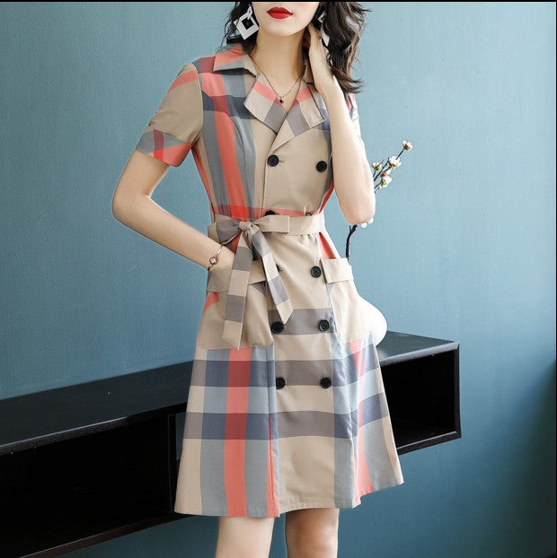 Women's Checked Pencil Skirt Suit – Double-Breasted Cotton & Mulberry Silk Blend-HighTouch