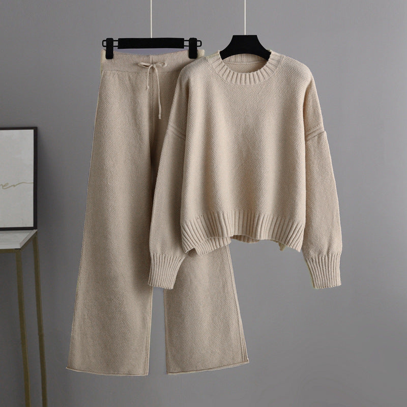 Women’s Knitted Wide-Leg Pants Set – Casual Two-Piece Knit Outfit-HighTouch