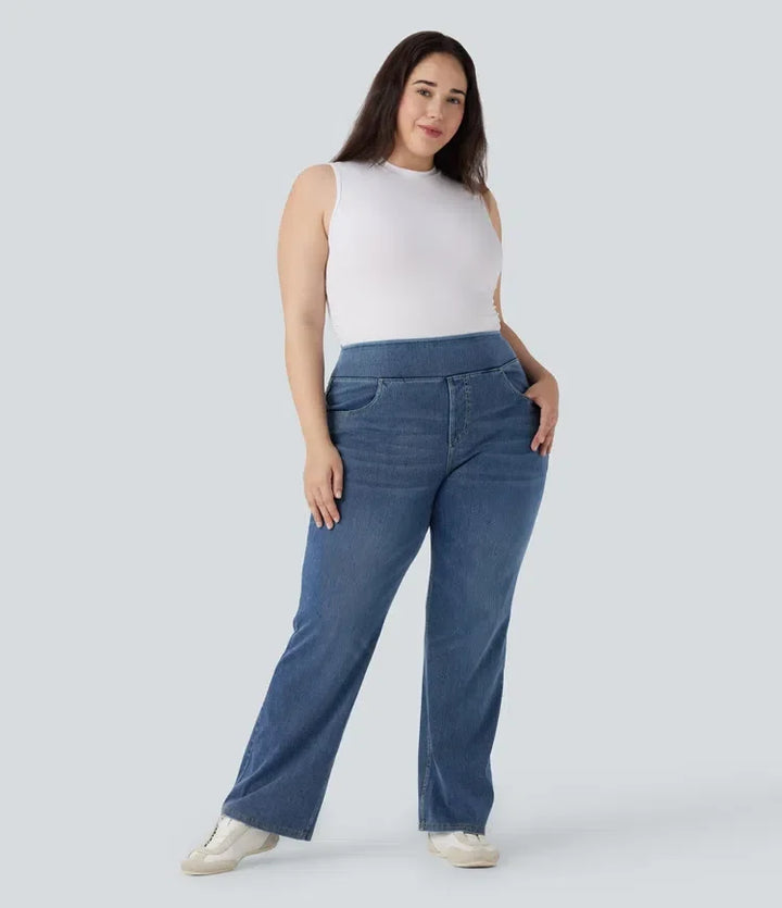 Plus Size Bootcut Jeans Women High Waisted Washed Denim