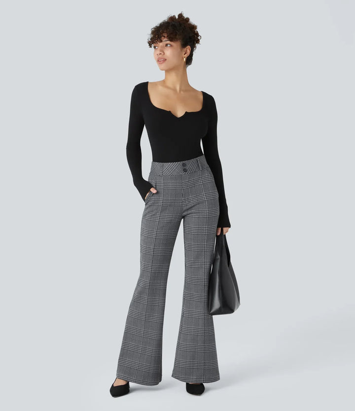 Houndstooth Plaid Flare Pants Women High Waisted Work Trousers