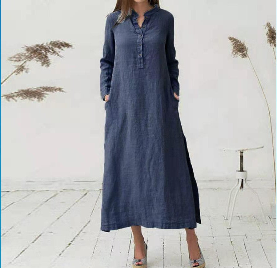 Linen Cotton Long Loose Waist Dress-HighTouch