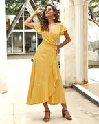 Retro Cotton Floral Dress with Lace-Up | V-Neck Irregular Midi-HighTouch