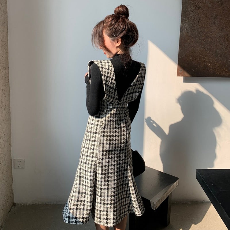 Women's French Retro Plaid Dress – Elegant Commuter Square Collar Style-HighTouch