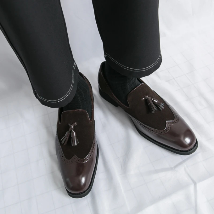 Men's Leather Tassel Loafers with Suede Panels