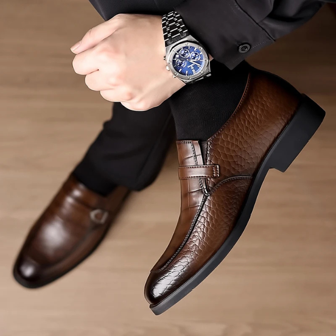 Men’s Leather Monk Strap Shoes – Croc Textured Style