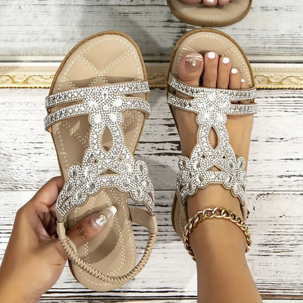Bohemian Rhinestone Flat Sandals – Comfortable Summer T-Strap for Women