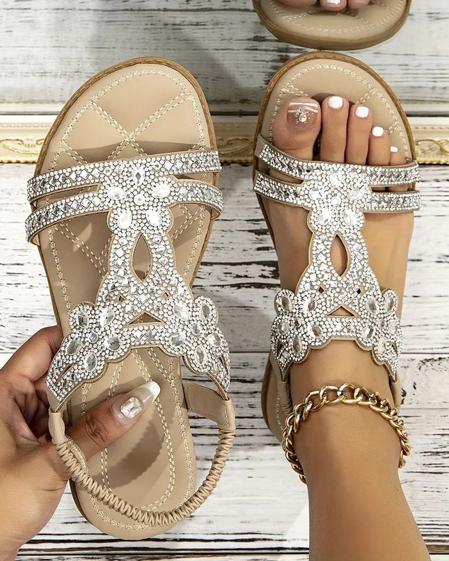 Bohemian Rhinestone Flat Sandals – Comfortable Summer T-Strap for Women