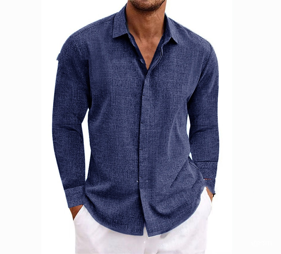 Long Sleeve T-shirt Undershirt Solid Color Long Sleeve Cotton Linen Shirt Men-HighTouch