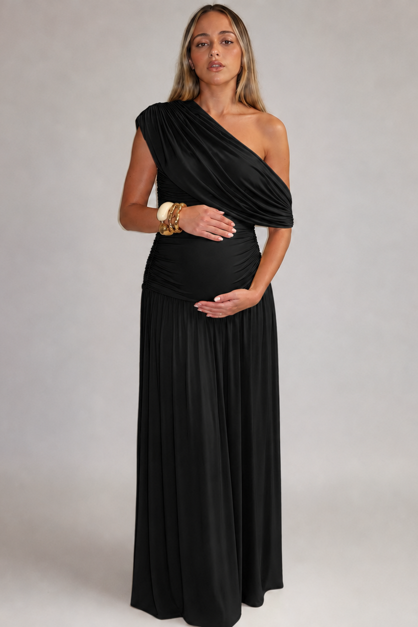 Maternity Maxi Dress – One Shoulder Soft Asymmetric Neckline Ruched Pregnancy Dress