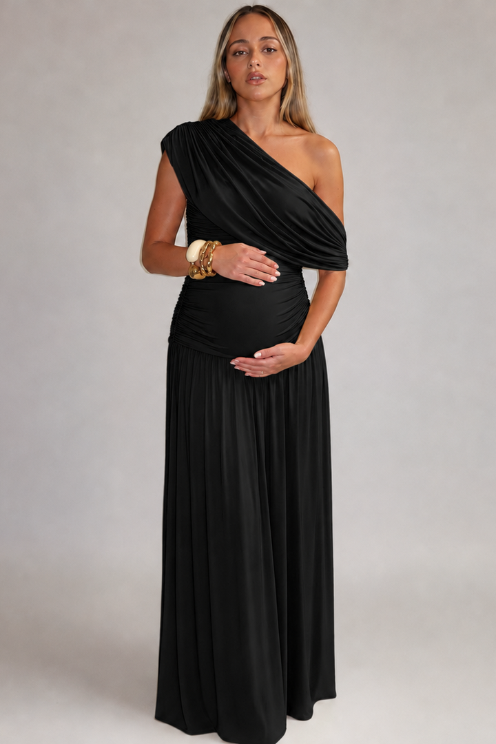 Maternity Maxi Dress – One Shoulder Soft Asymmetric Neckline Ruched Pregnancy Dress
