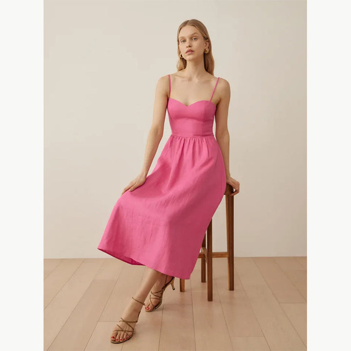 Linen Mid-Fashion Dress with Suspenders-HighTouch
