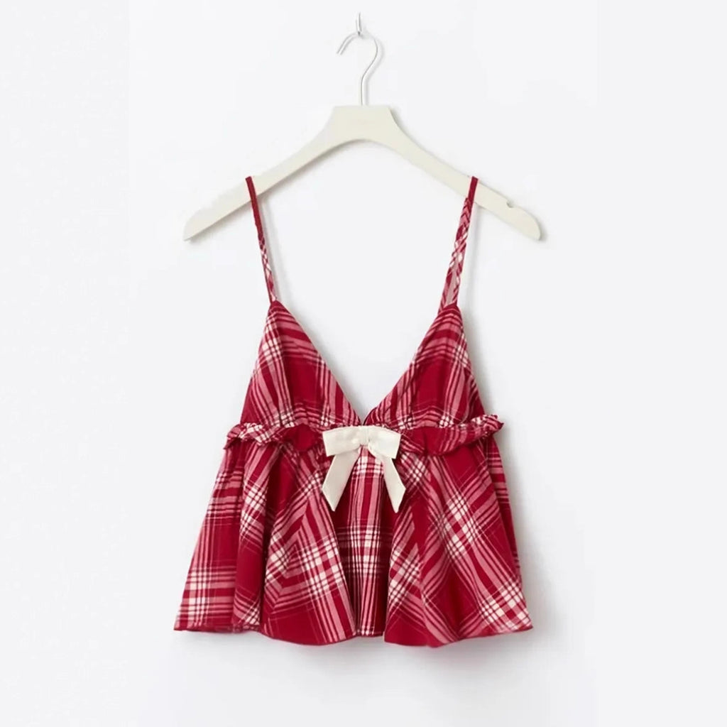 New Women's Clothing Comfortable And Casual Plaid Design With Bow Decoration, Sexy Vintage Camisole-HighTouch