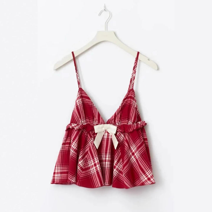 New Women's Clothing Comfortable And Casual Plaid Design With Bow Decoration, Sexy Vintage Camisole-HighTouch