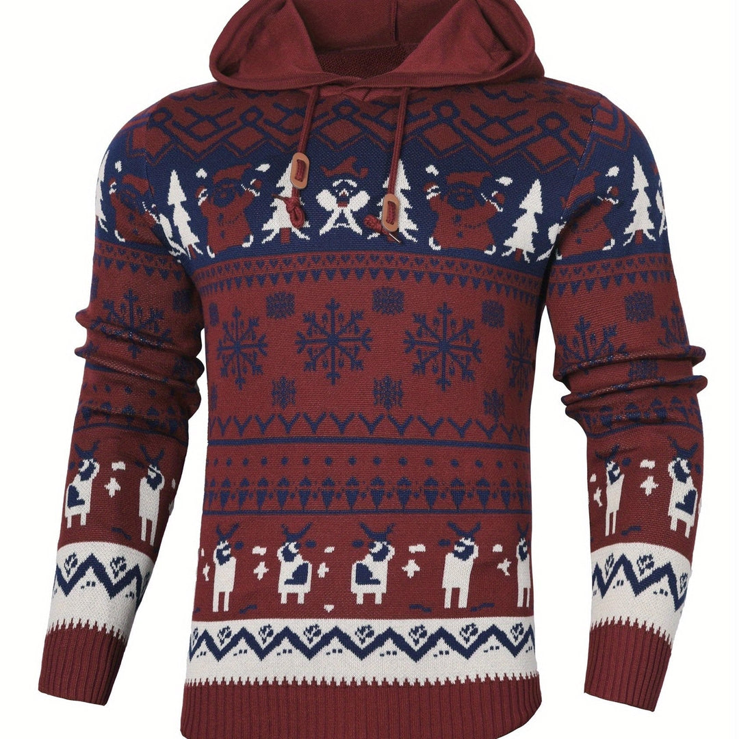 Women's Hooded Christmas Sweater with Reindeer and Snowflake Pattern