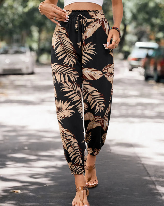 Women’s Summer Pocket Joggers – Lightweight Loose Fit Plant‑Print Cargo Pants