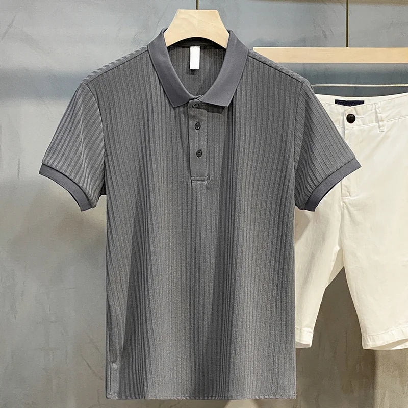 Summer Men’s Striped Lapel Polo Shirt – Retro Luxury Knitwear-HighTouch