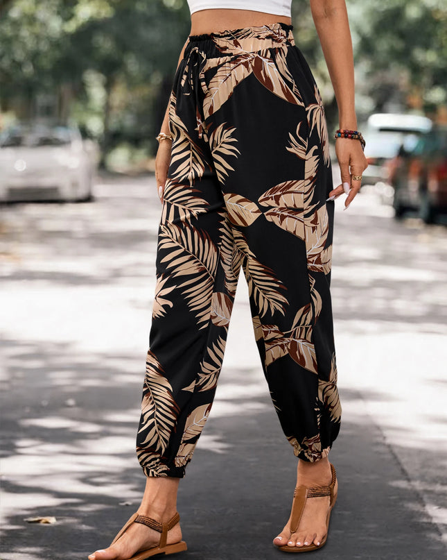 Women’s Summer Pocket Joggers – Lightweight Loose Fit Plant‑Print Cargo Pants