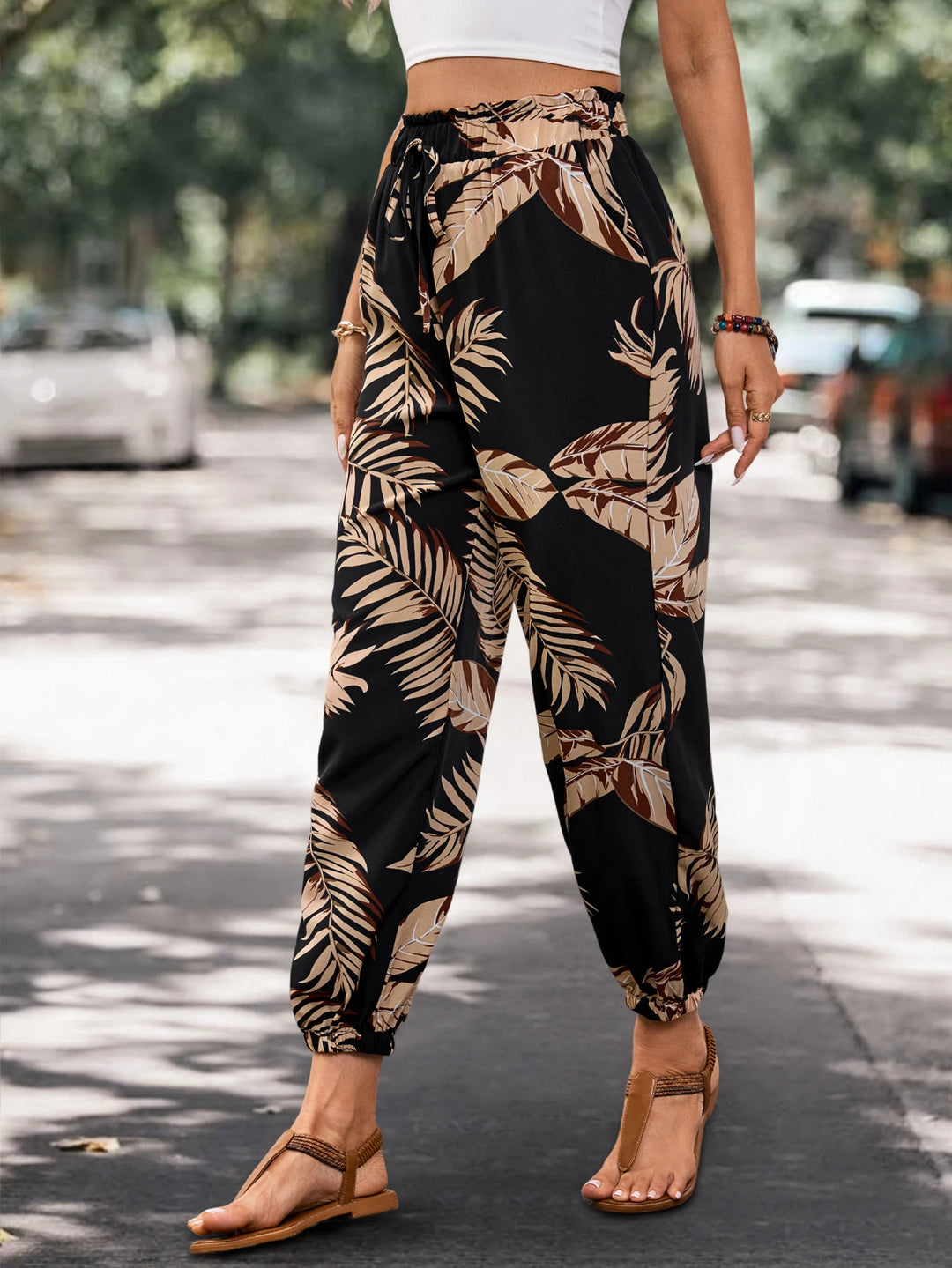 Women’s Summer Pocket Joggers – Lightweight Loose Fit Plant‑Print Cargo Pants-HighTouch