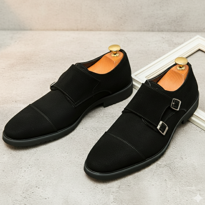 Men’s Suede Monk Strap Shoes – Double Buckle Style