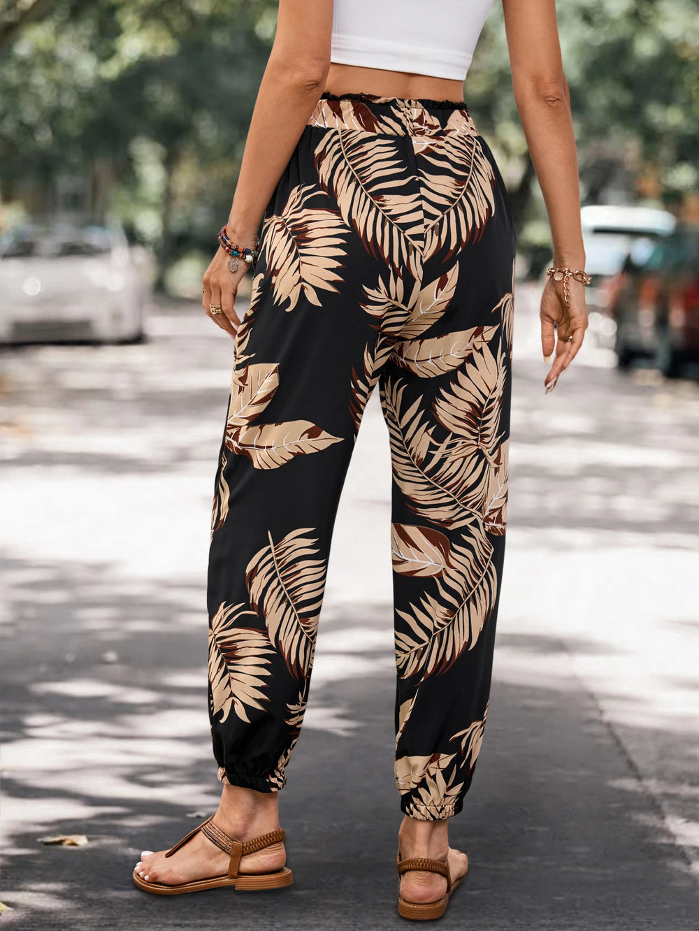 Women’s Summer Pocket Joggers – Lightweight Loose Fit Plant‑Print Cargo Pants-HighTouch