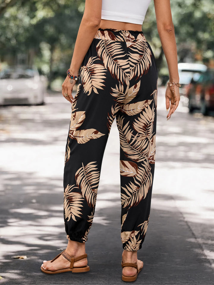 Women’s Summer Pocket Joggers – Lightweight Loose Fit Plant‑Print Cargo Pants-HighTouch