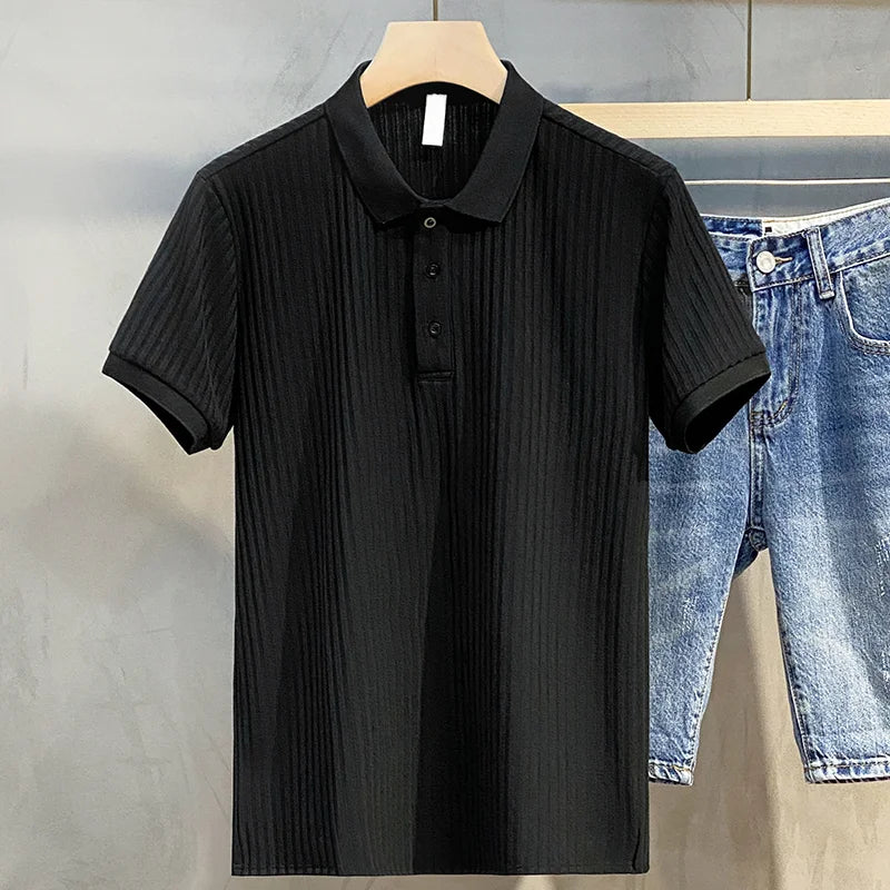 Summer Men’s Striped Lapel Polo Shirt – Retro Luxury Knitwear-HighTouch