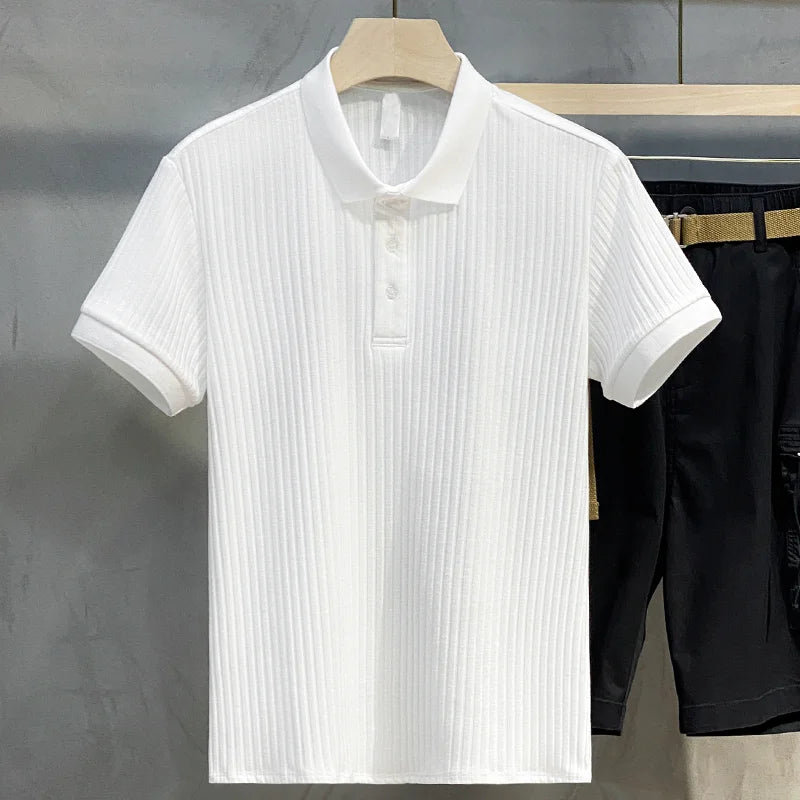 Summer Men’s Striped Lapel Polo Shirt – Retro Luxury Knitwear-HighTouch