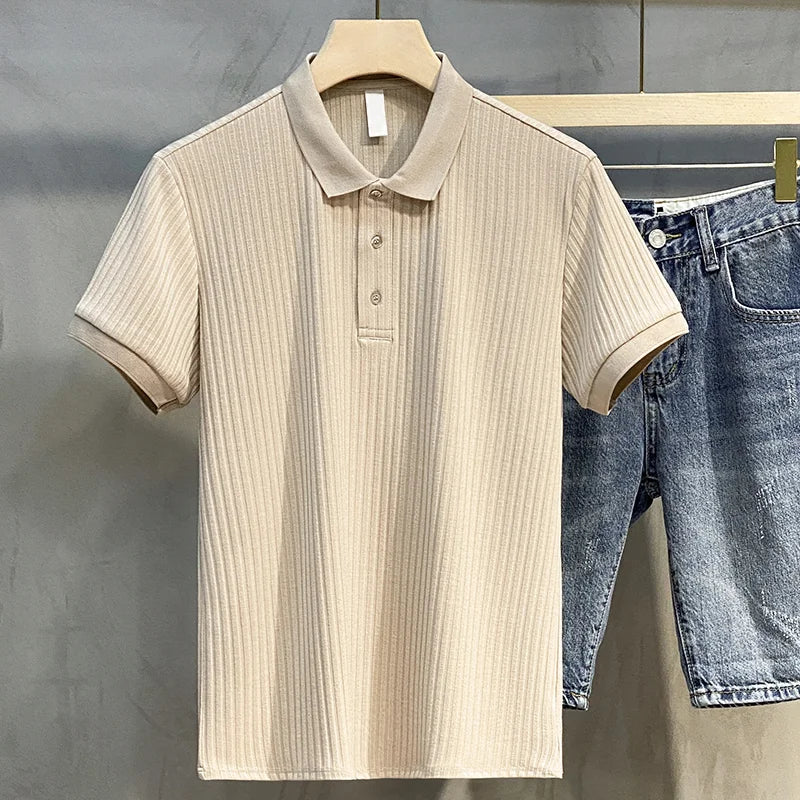 Summer Men’s Striped Lapel Polo Shirt – Retro Luxury Knitwear-HighTouch