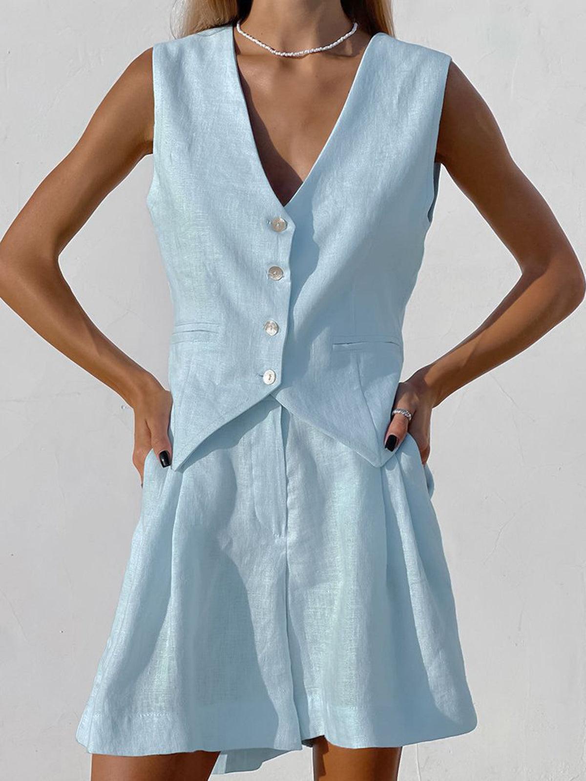 Olivia - Casual Linen Two Piece Button-Front Summer Set