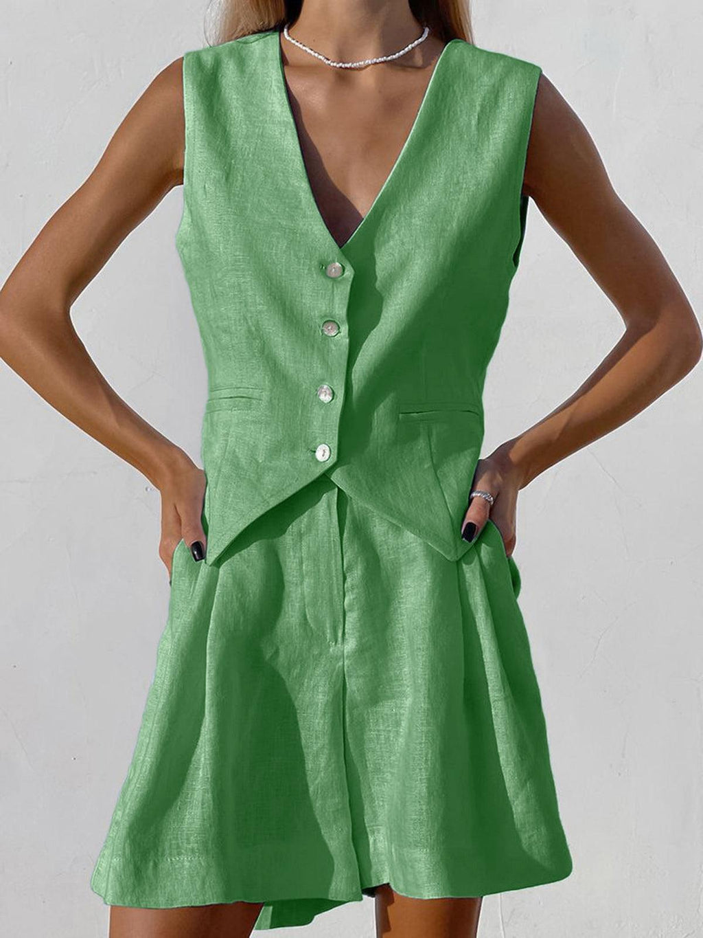 Olivia - Casual Linen Two Piece Button-Front Summer Set