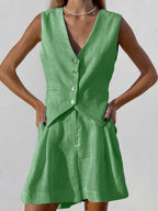 Olivia - Casual Linen Two Piece Button-Front Summer Set