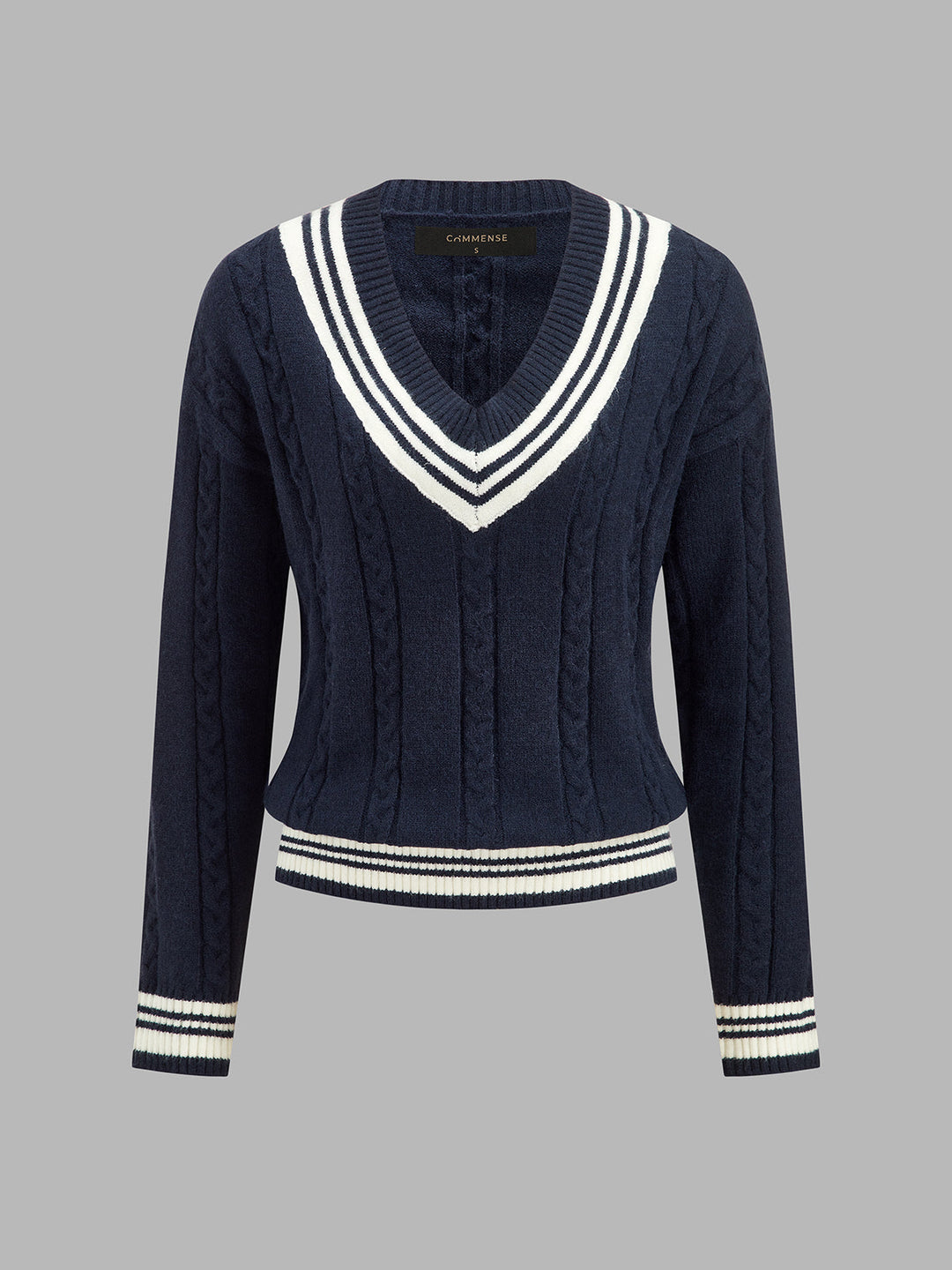 Varsette Cable Knit V-Neck Sweater – Women Preppy Striped Trim Pullover Knit Sweater