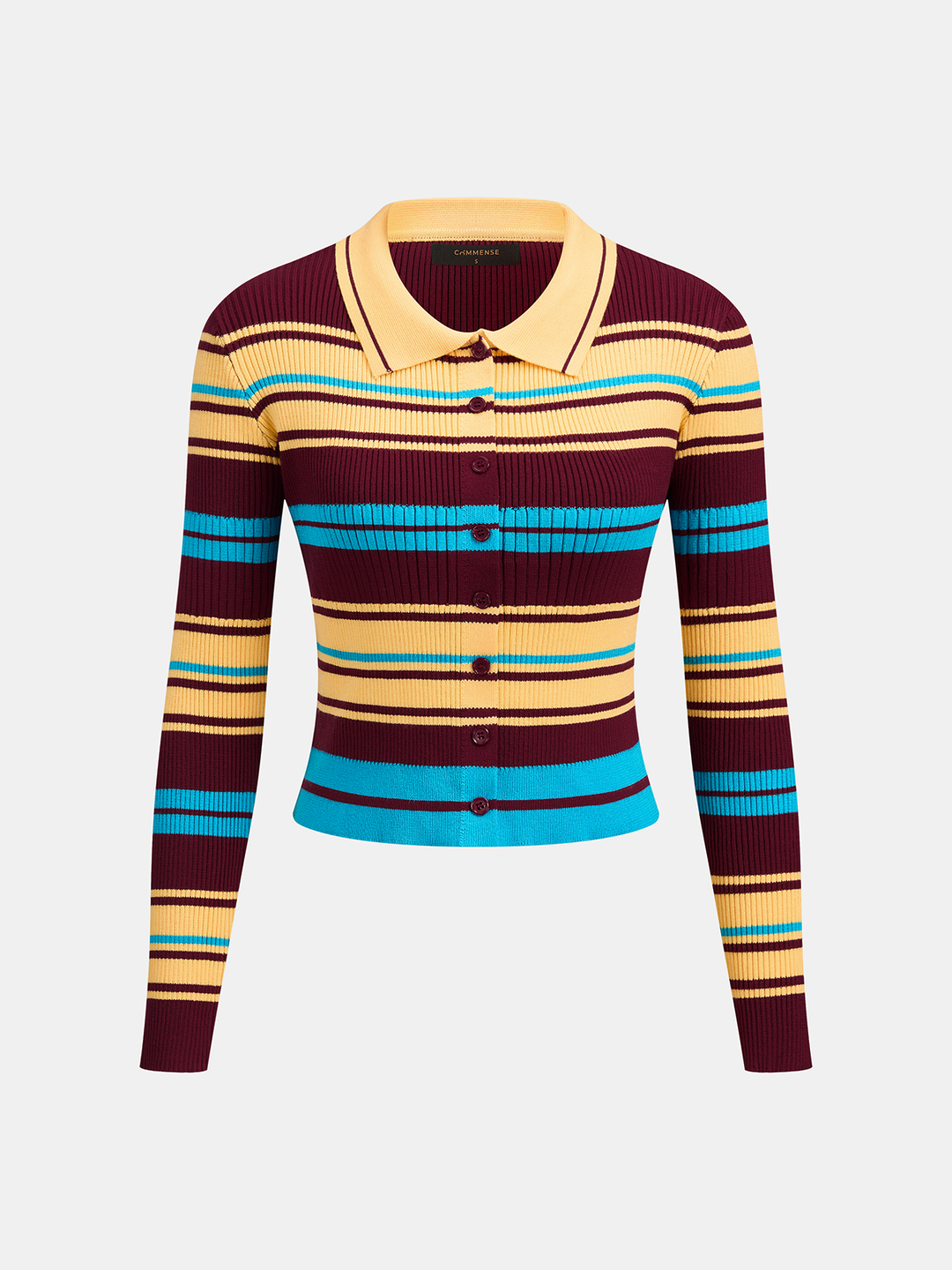 Brigario Striped Ribbed Polo Crop Top – Women Retro Button-Up Long Sleeve Knit Cardigan Sweater Casual