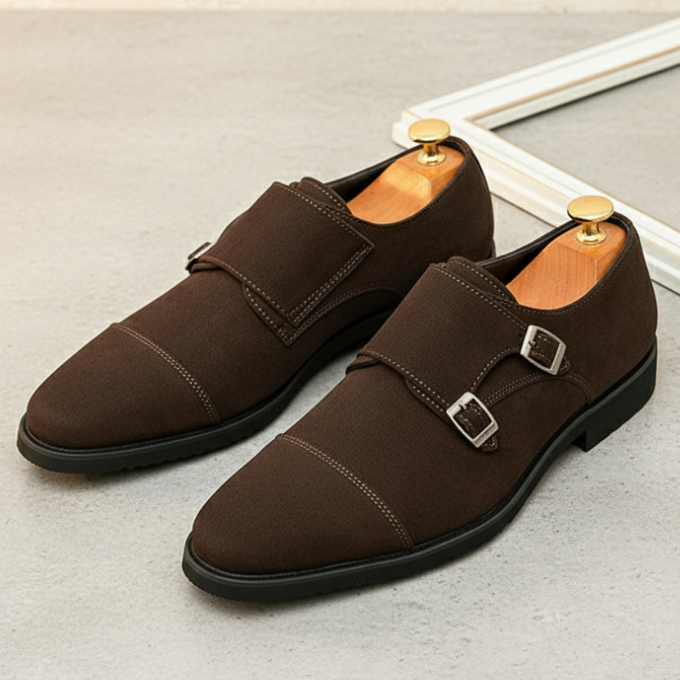 Men’s Suede Monk Strap Shoes – Double Buckle Style