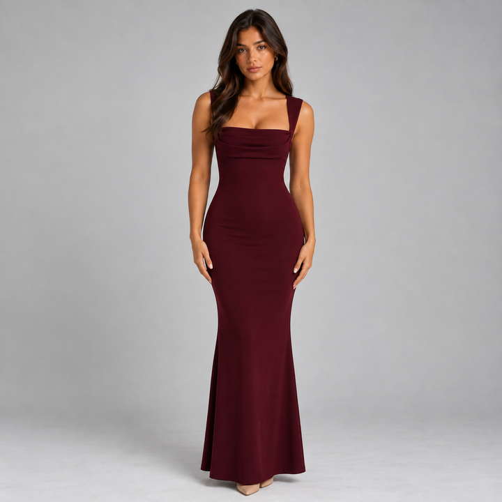 Frame | Burgundy Square Neck Pleated Bust Maxi Dress