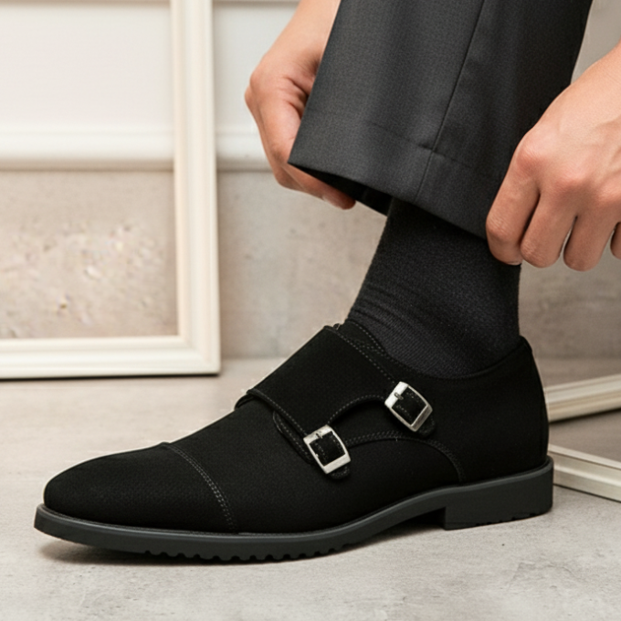 Men’s Suede Monk Strap Shoes – Double Buckle Style