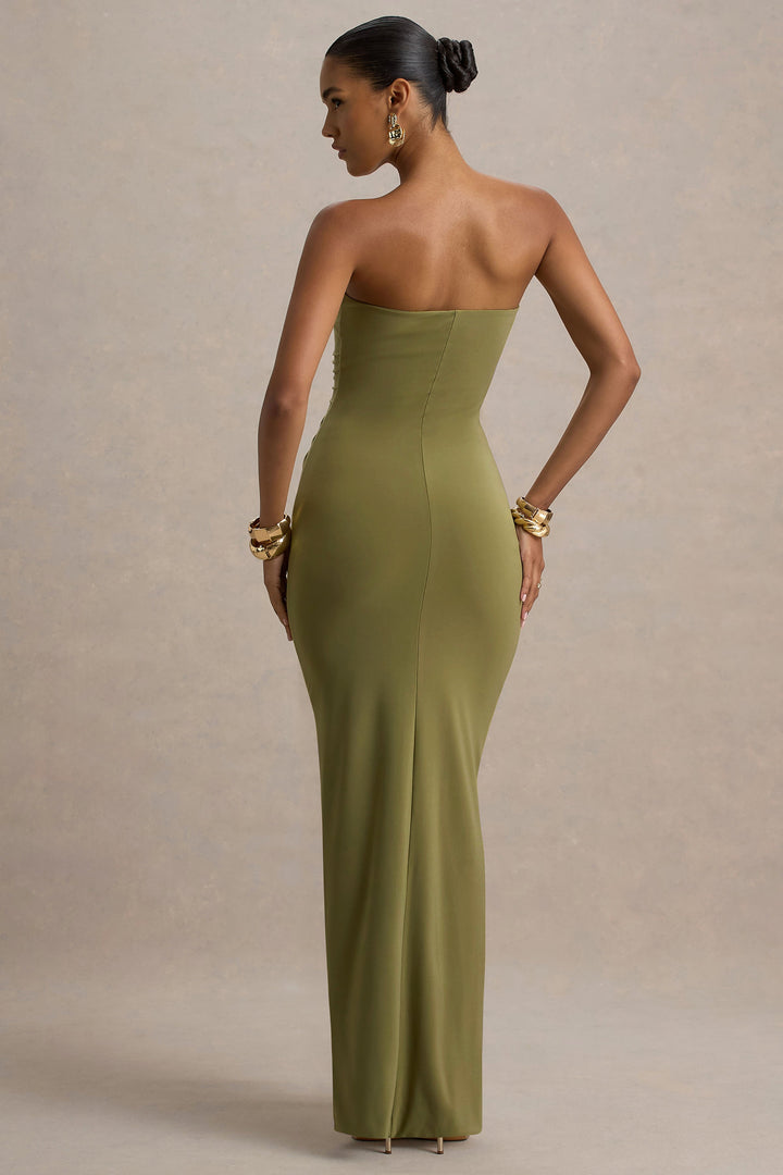 Tamse | Olive Ruched Sleeveless Wrap Maxi Wedding Guest Dress