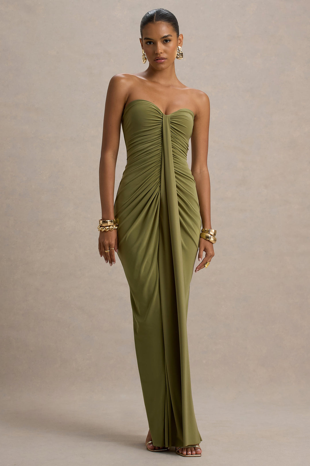 Tamse | Olive Ruched Sleeveless Wrap Maxi Wedding Guest Dress
