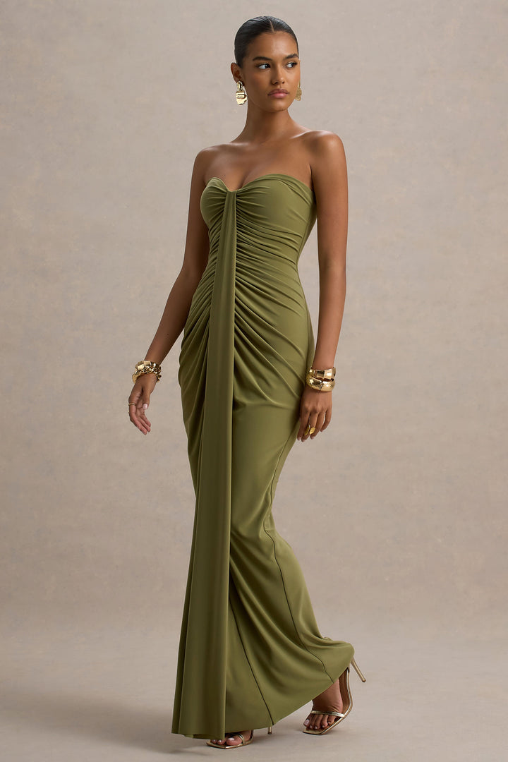 Tamse | Olive Ruched Sleeveless Wrap Maxi Wedding Guest Dress