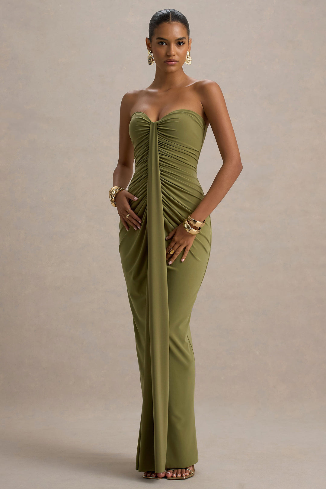 Tamse | Olive Ruched Sleeveless Wrap Maxi Wedding Guest Dress