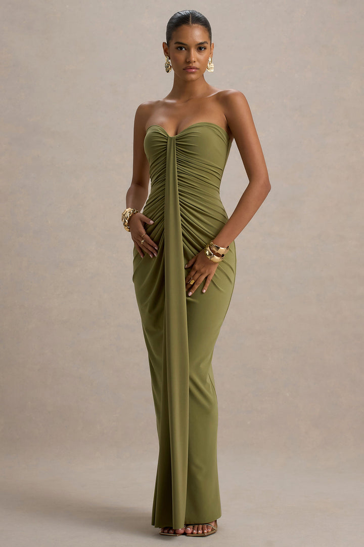 Tamse | Olive Ruched Sleeveless Wrap Maxi Wedding Guest Dress