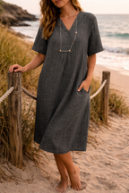 Esme | Women's Linen V-Neck Midi Dress