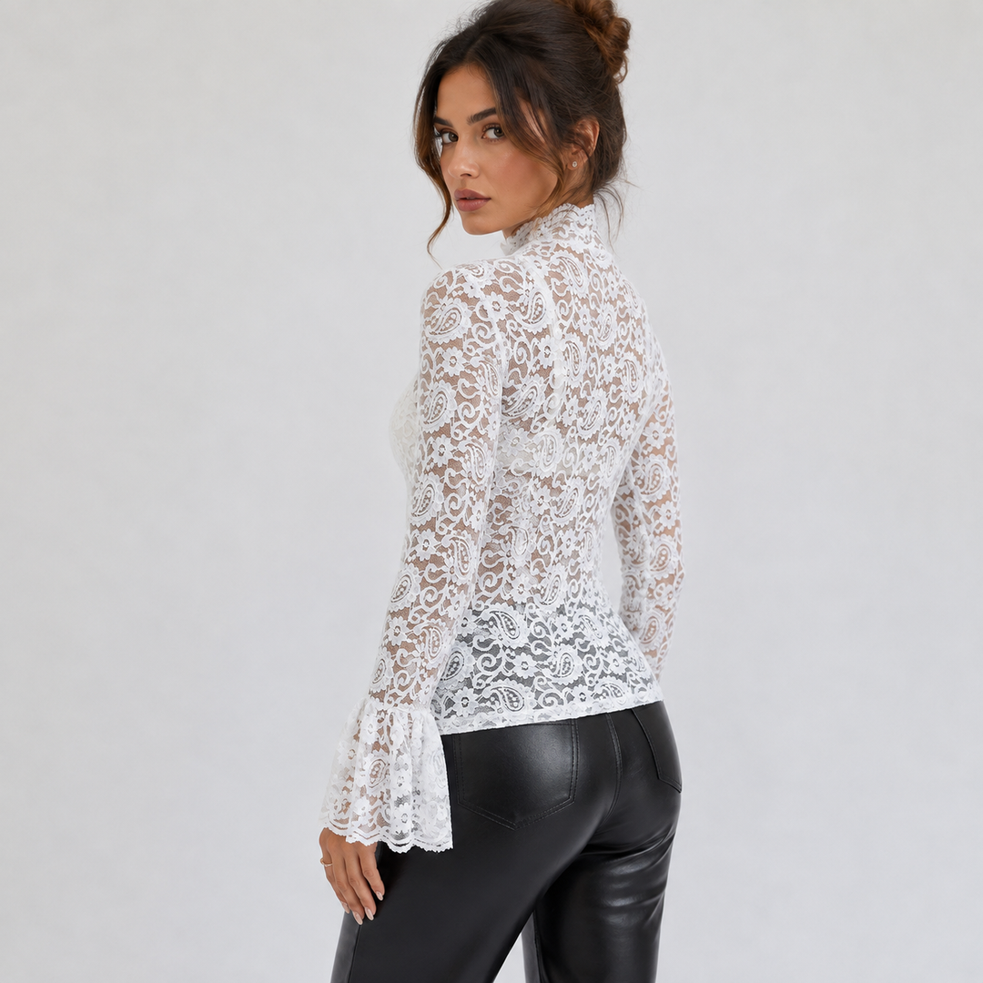 Women's High-Neck Sheer Lace Top - Long Sleeve Floral Shirt